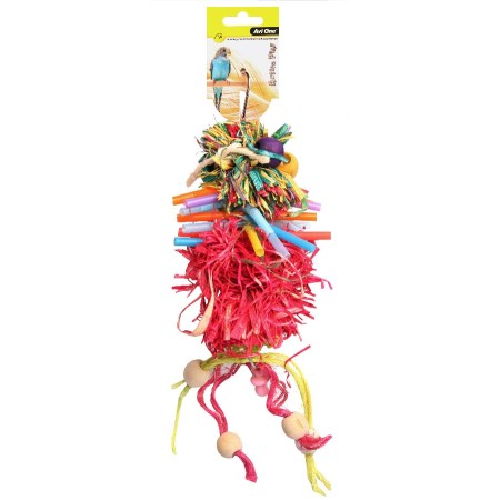 Bird Toy Raffia Pom Pom With Wooden Beads And Sisal Ropes 28cm
